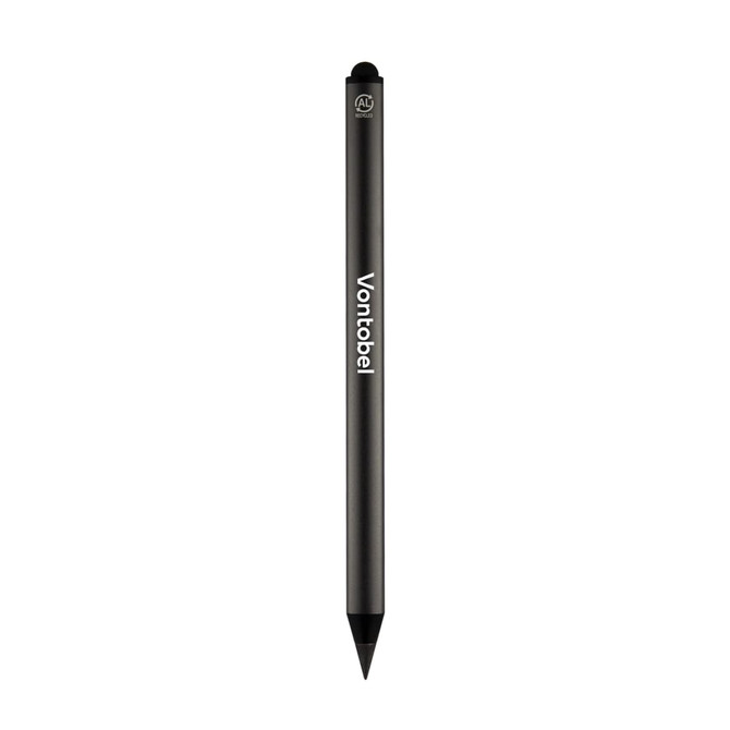 A black pencil with a pointed tip and a logo on the side.