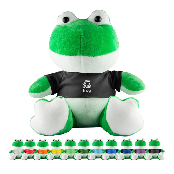 A large green frog plush toy with a black shirt, accompanied by smaller frog plushies in various colours.