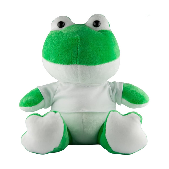 A green and white plush frog with large eyes, wearing a plain white t-shirt.