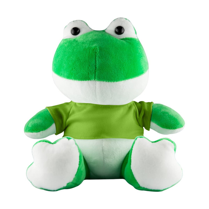 A green frog plush toy with a white belly and a green shirt, featuring large eyes and soft, round features.