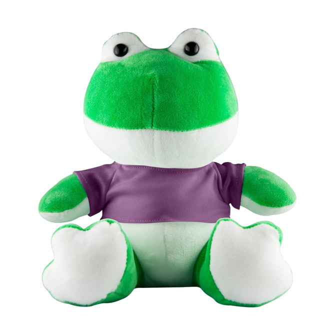 A green frog plush toy wearing a purple shirt, with large eyes and a friendly expression.