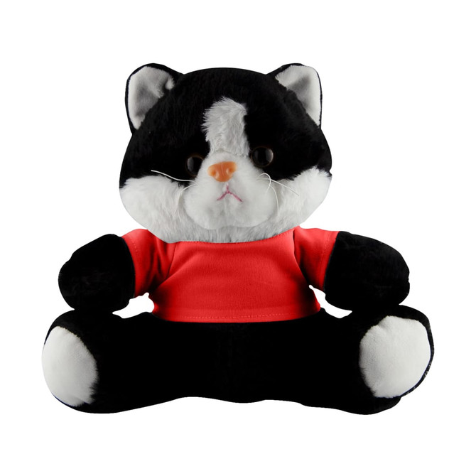 A plush cat toy in black and white with a red shirt, featuring large eyes and a seated position. It has a logo on it.