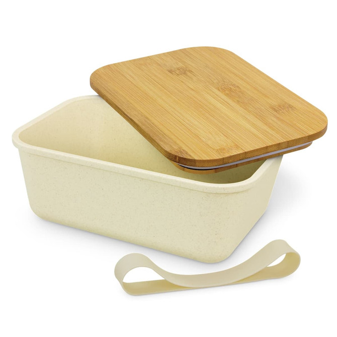 A cream-coloured lunch box with a bamboo lid and a silicone strap. The box has a smooth finish.