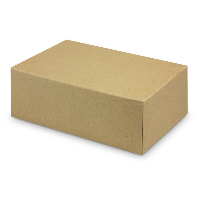 A kraft brown lunch box with a simple, rectangular design and a hinged lid. It features a clean, unbranded surface.