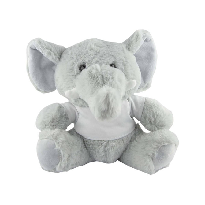 A grey elephant plush toy with large ears and a small white T-shirt, sitting upright. It has a soft and cuddly appearance.