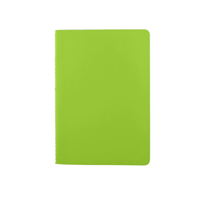 A green washable paper notebook with a smooth cover and rounded edges, featuring a logo on the back.