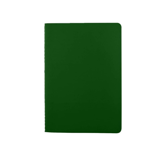 A green washable paper notebook with a smooth cover and rounded corners, featuring a logo on the front.
