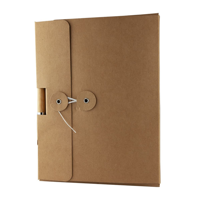 A cardboard notebook gift box in brown, featuring a tie closure and a pen attached.