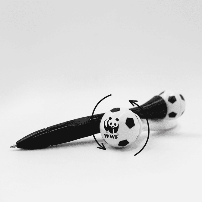 A black pen with white soccer ball ends featuring a logo, designed for fun and interactive writing.
