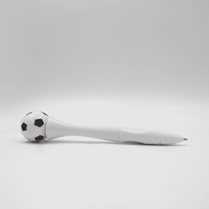 A white pen with a black and white soccer ball-shaped top and a logo on the body.