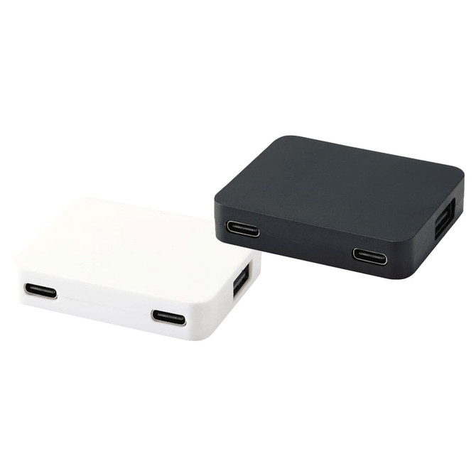 A black and white 4-port USB hub featuring USB-A and Type-C outputs with dual input options. It includes a logo.
