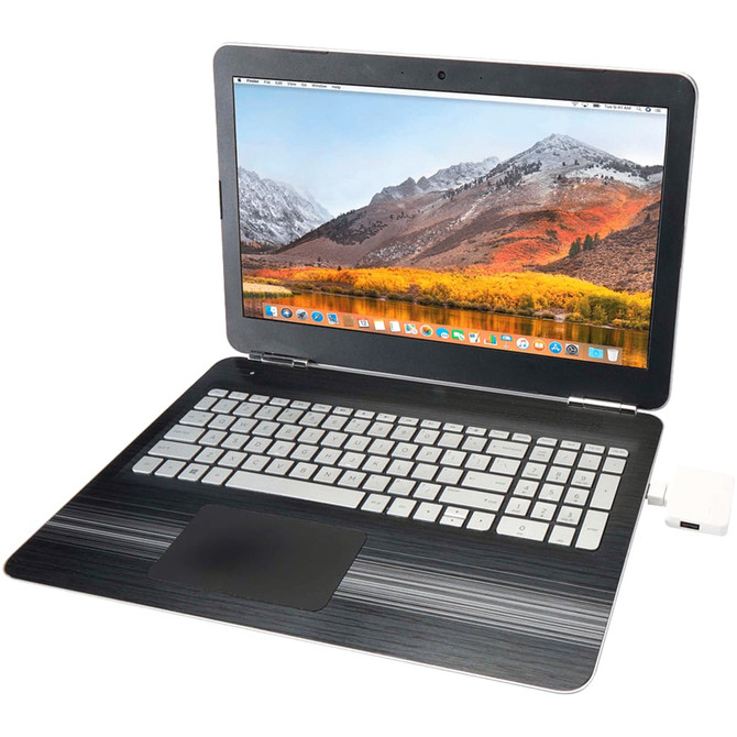 A laptop with a black and silver design, featuring a keyboard and a screen displaying a scenic desktop background.