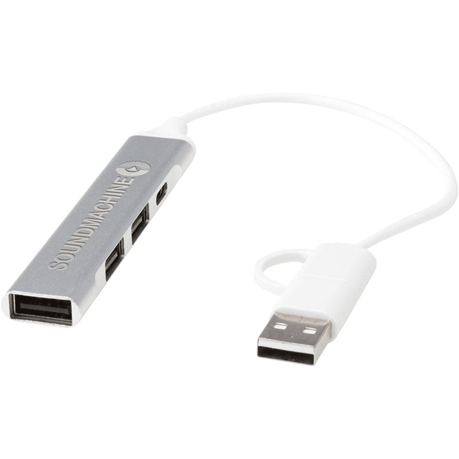 A silver 4-port USB-A and Type-C hub with a white cable, featuring a logo on the side.
