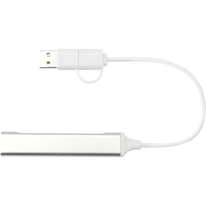 A silver aluminium USB-A and Type-C hub with a dual input and a white connecting cable. It has a logo on the surface.