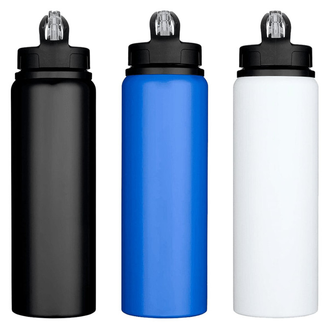 A drink bottle set featuring three colours: black, blue, and white, with a top spout and a logo.