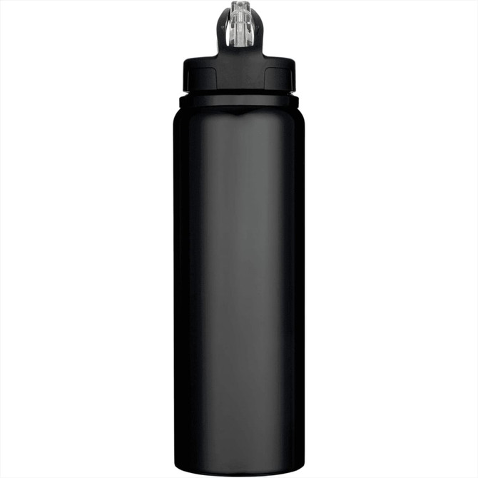 A drink bottle in black stainless steel with a clear cap and a logo. Holds 800ml.