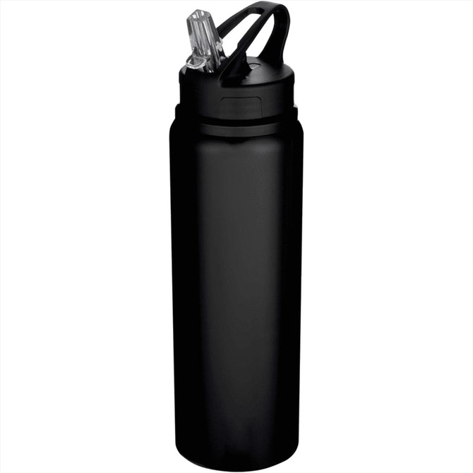 A drink bottle made of recycled stainless steel, featuring a sleek black design and a clear straw lid.