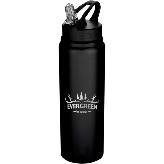A drink bottle made of recycled stainless steel, featuring a black finish and a flip straw lid, with a logo.