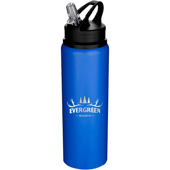 A drink bottle in vibrant blue, featuring a black cap with a straw and a logo on the front.