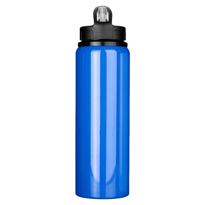 A drink bottle made of recycled stainless steel, featuring a bright blue exterior and a black lid with a spout.