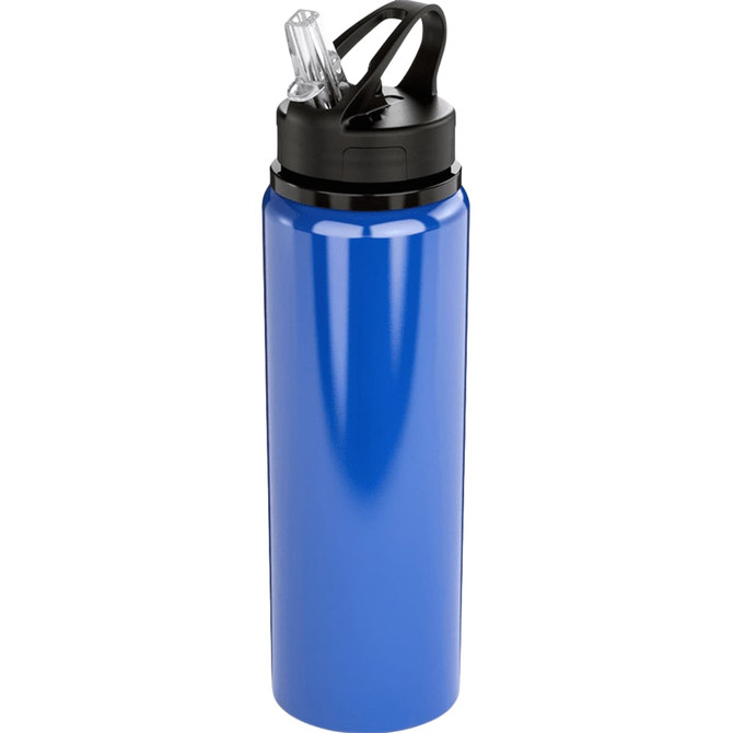 A drink bottle in vibrant blue, made of recycled stainless steel, featuring a straw and a black cap.