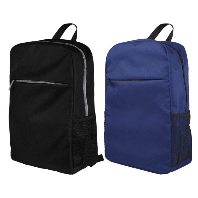 A black and a blue Urban Sports Backpack with zippers and side pockets, featuring logos on both.