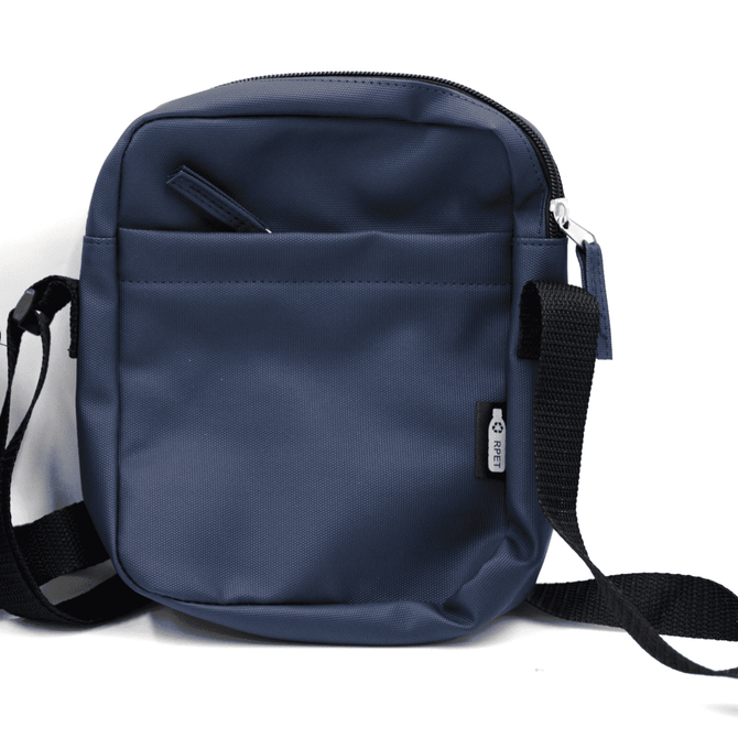 A navy blue messenger bag with a front pocket and an adjustable strap, featuring a logo.