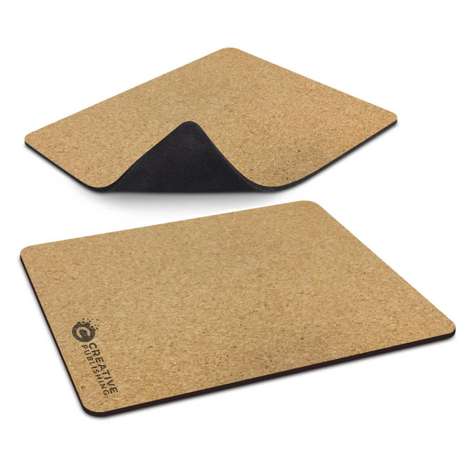 A cork mouse mat featuring a smooth top surface and a black underside, with a branding logo on one side.