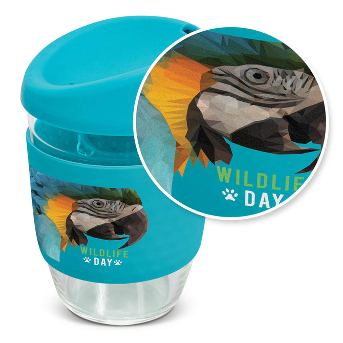 A drink bottle featuring a borosilicate glass design with a blue silicone sleeve and a colourful wildlife graphic.