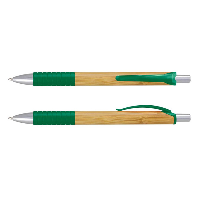 A bamboo pen featuring a metal tip and green accents. The pen has a textured grip and a logo on the barrel.