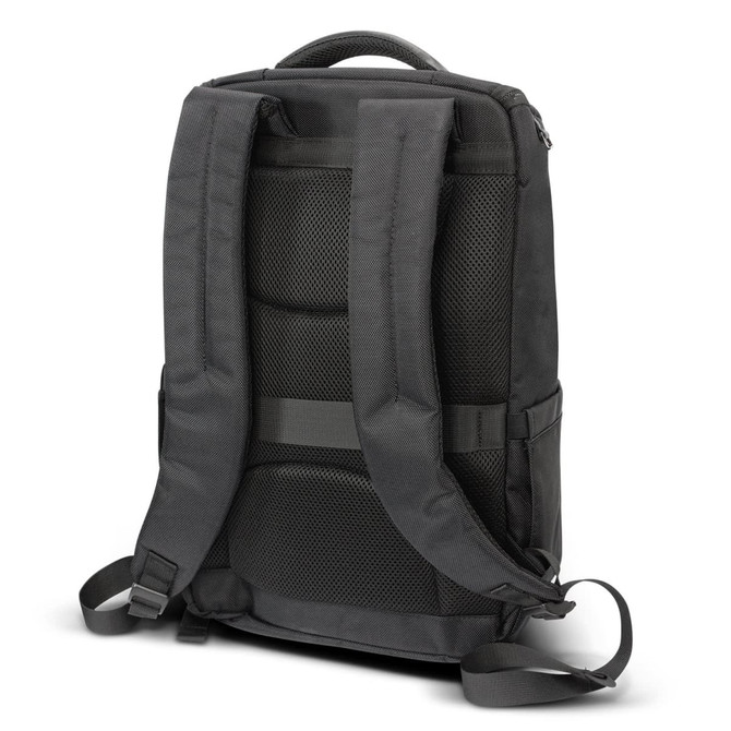 A black laptop backpack featuring padded straps and a mesh back for comfort. Includes a logo on the exterior.