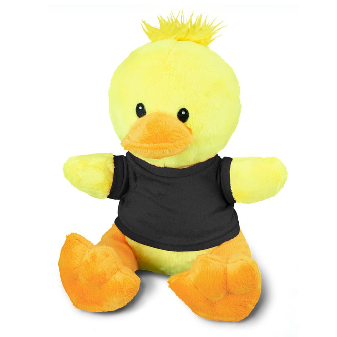 A yellow duck plush toy with an orange beak and feet, wearing a black shirt, featuring a logo on the shirt.