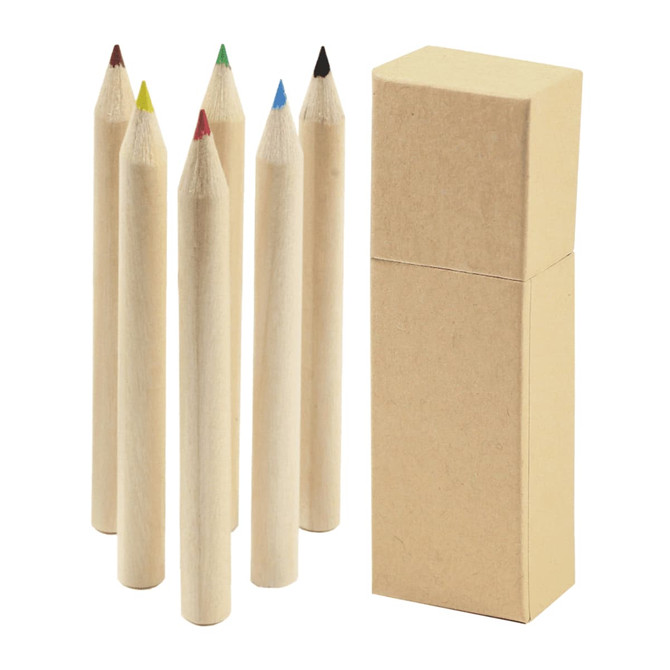 A set of six coloured pencils in red, green, yellow, blue, black, and brown, with a plain cardboard box.