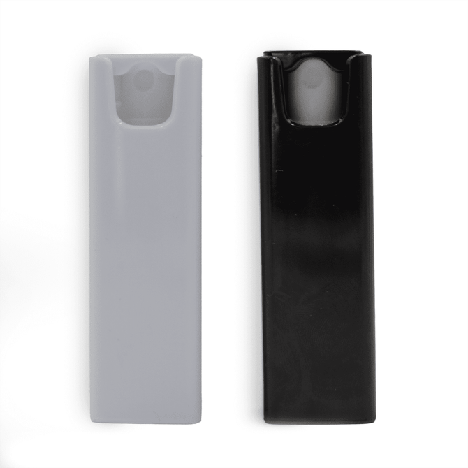 A screen cleaner in grey and black, featuring a sleek design with an integrated applicator.