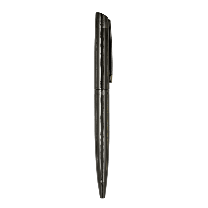 A sleek black metal ball pen with a smooth finish and a clip for easy attachment. It features a minimalist design.