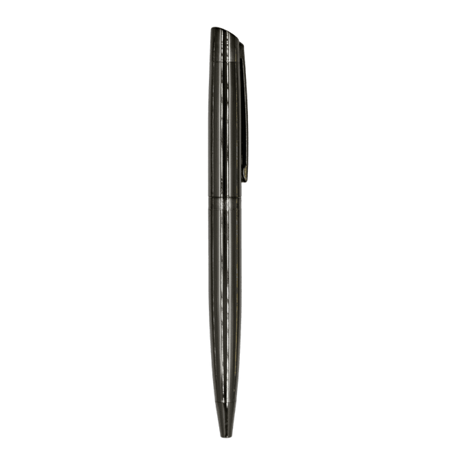 A sleek black metal ball pen with a smooth finish and a clip for easy attachment. It features a minimalist design.