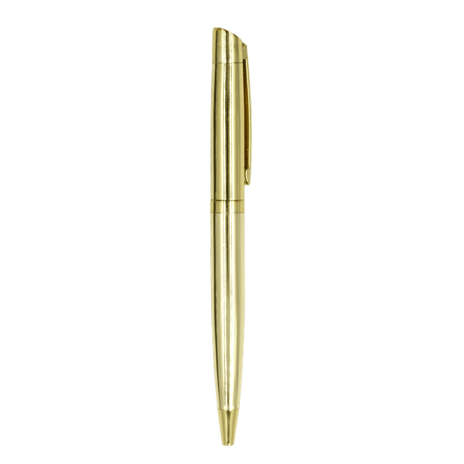 A golden metal ballpoint pen featuring a sleek design and a pocket clip. It has a logo on the barrel.