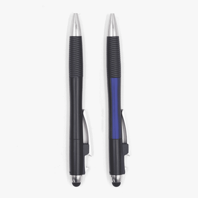 Two retractable pens in black and blue with silver accents and textured grip, featuring a logo.