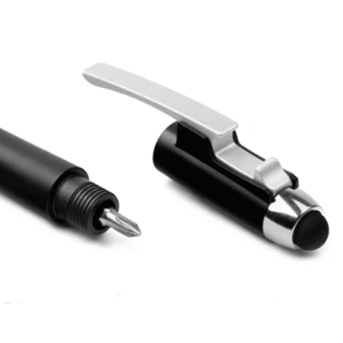 A black pen with a silver clip and tip, displayed with the cap removed. Features a logo on the body.