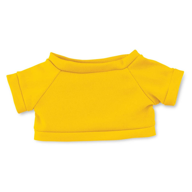 A yellow plush toy shirt with short sleeves and a round neckline, featuring a simple design. It has a soft texture.