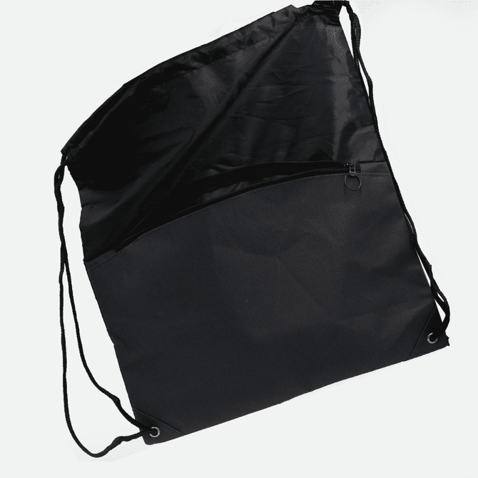 A black drawstring bag with a zippered pocket and adjustable shoulder straps. It features a simple design and has a logo.