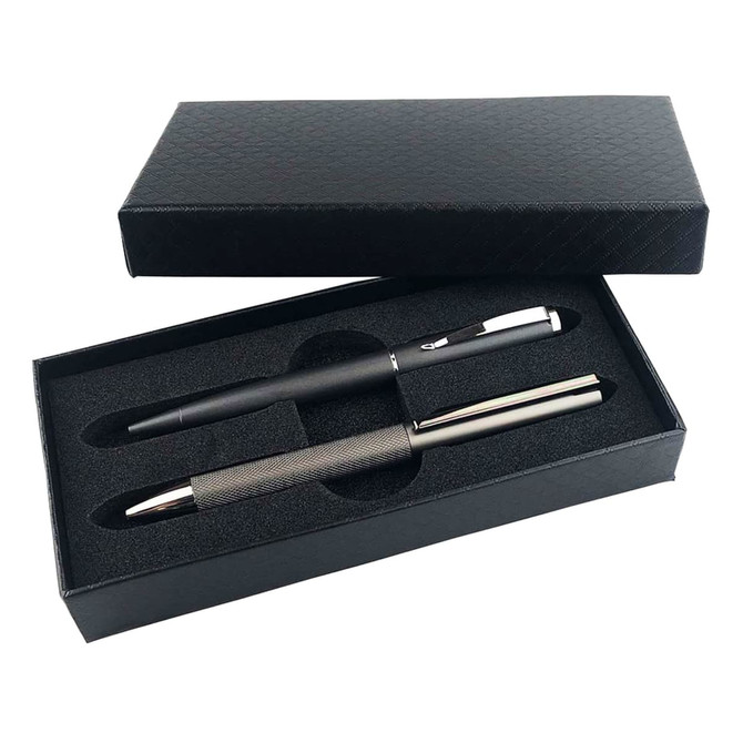 An executive metal pen gift set in a black box, featuring a chrome pen and a matte black pen.