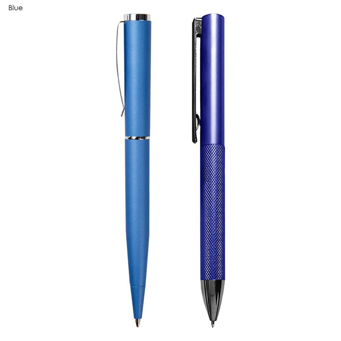 A blue metal pen gift set featuring two pens with sleek designs and a logo on one.