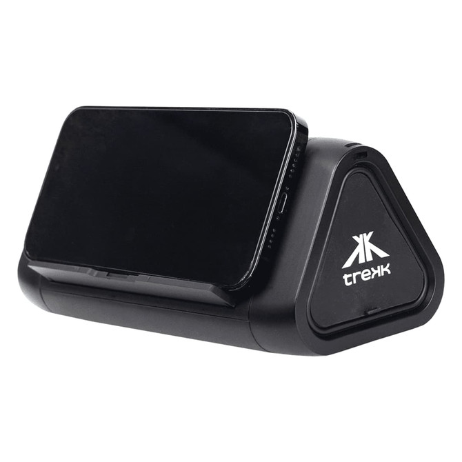 A black outdoor speaker and wireless power bank with a triangular design, holding a smartphone on top.