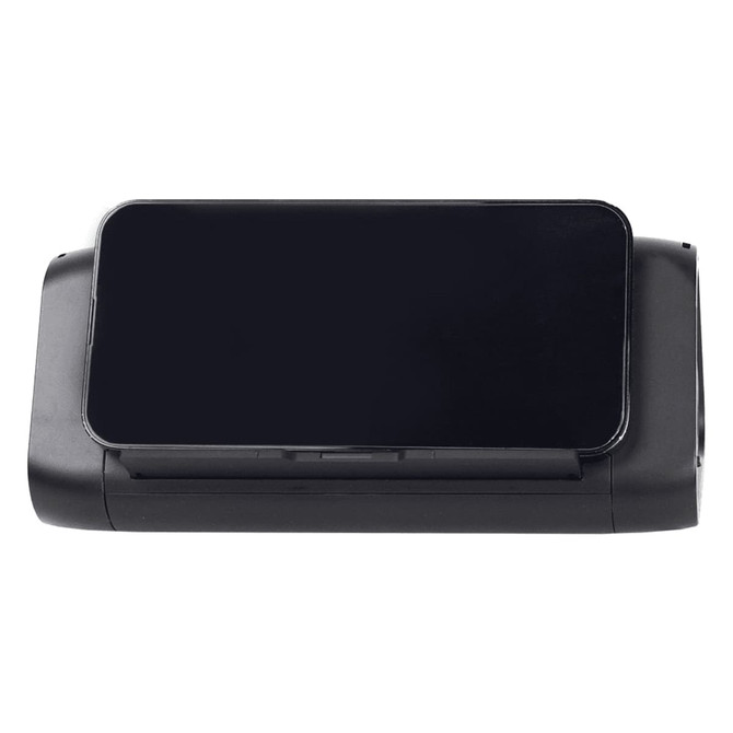 A black outdoor speaker and wireless power bank with a sleek design and a glossy surface. It features a logo.