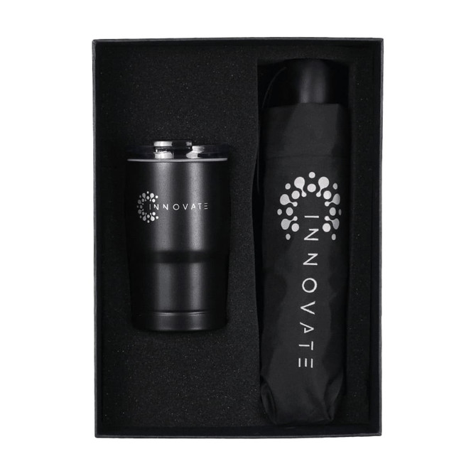 A drink bottle and black umbrella gift set in a black presentation box, featuring a logo.