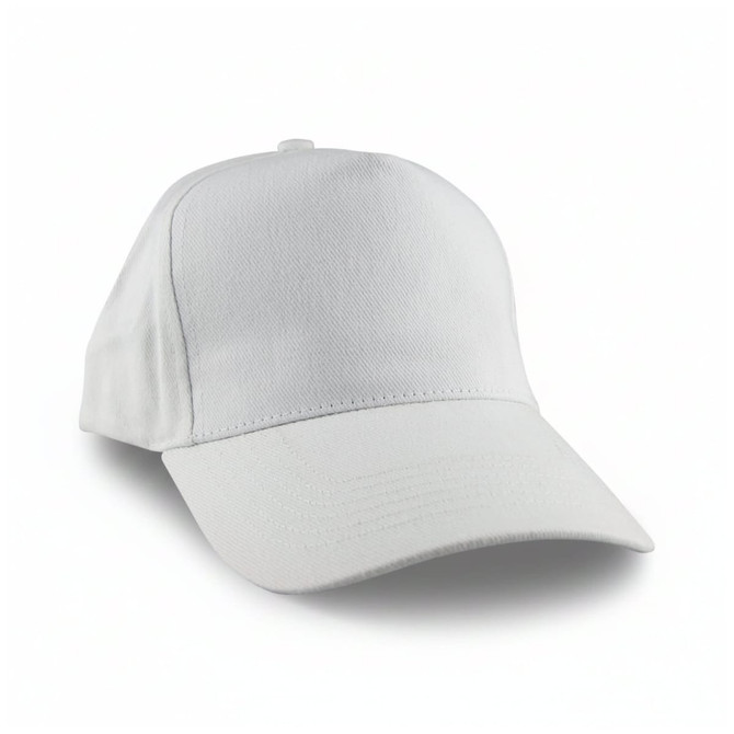 A white Flexi Cap with a structured design and a curved brim, featuring a logo on the side.