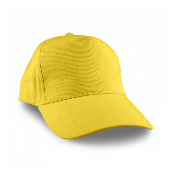 A yellow cap with a curved brim and structured crown, featuring a logo on the front.