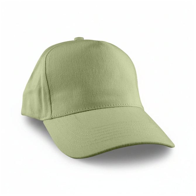 A green cap with a curved brim and adjustable back, featuring a logo on the front.