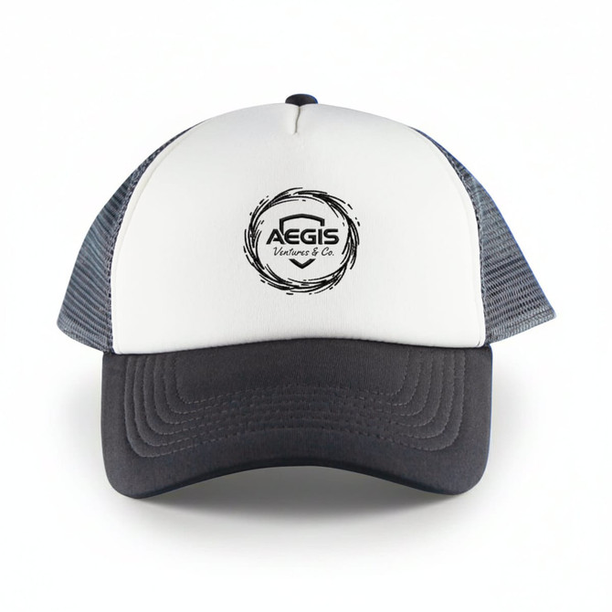 A white and grey 5 panel trucker mesh cap with a logo on the front and a curved peak.